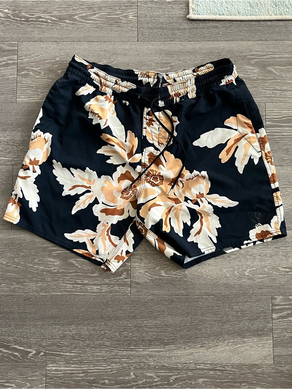 Volcom Black Swim Trunks with Tan and Cream Floral Print